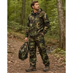 Vintage Woodland Camo Rain Suit Jacket Pants Stuff Sack Ripstop Nylon Waterproof